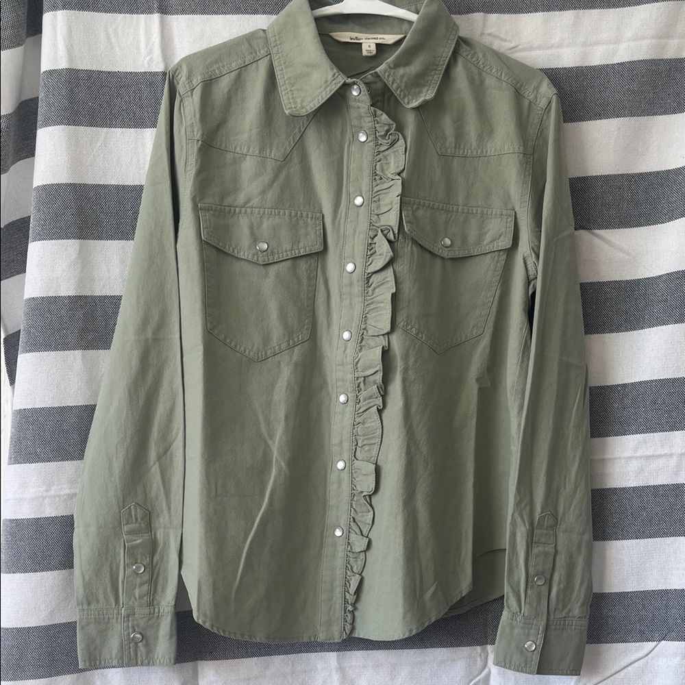 Elegant Sage Ruffle Button Down Shirt